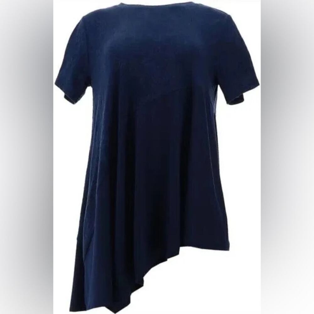 DG2 Diane Gilman Navy Asymmetrical Short Sleeve Tunic Tee Size L Dark Blue NWT‎